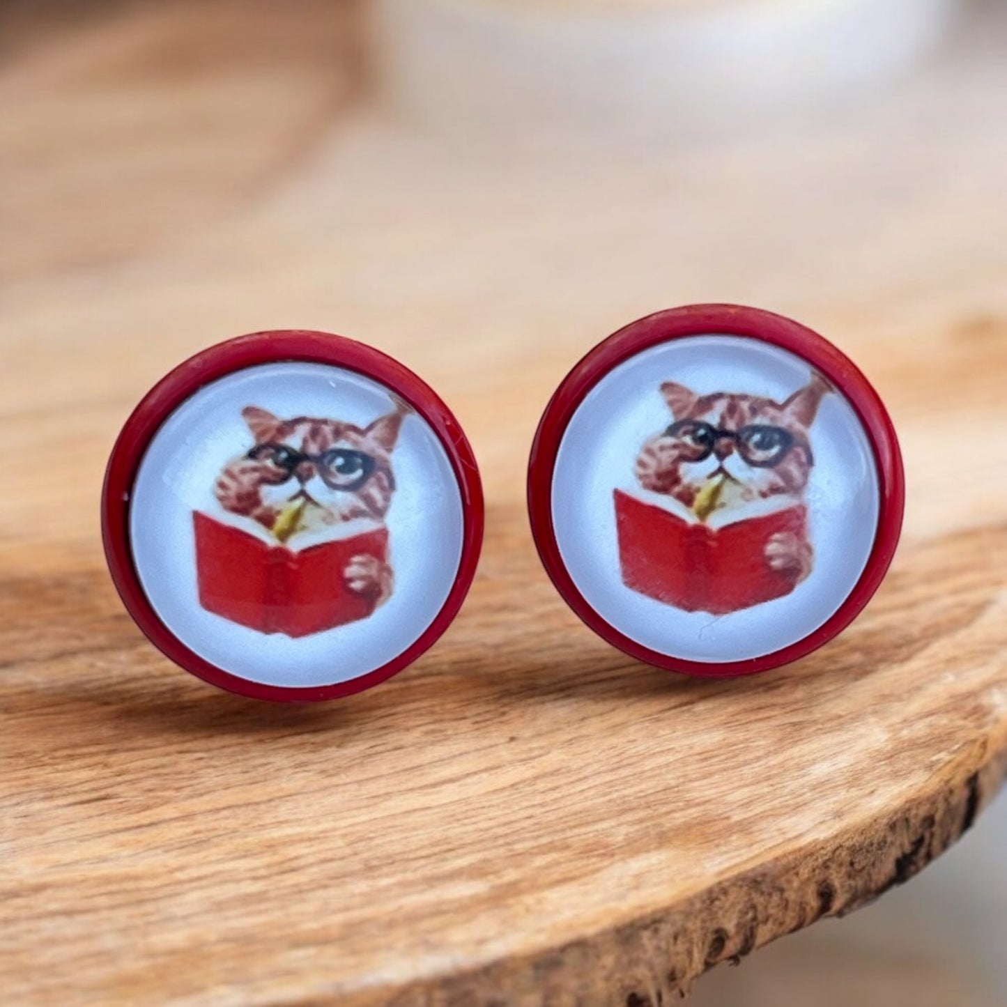 Bookish Cat Stud Earrings – Handmade Gift for Readers