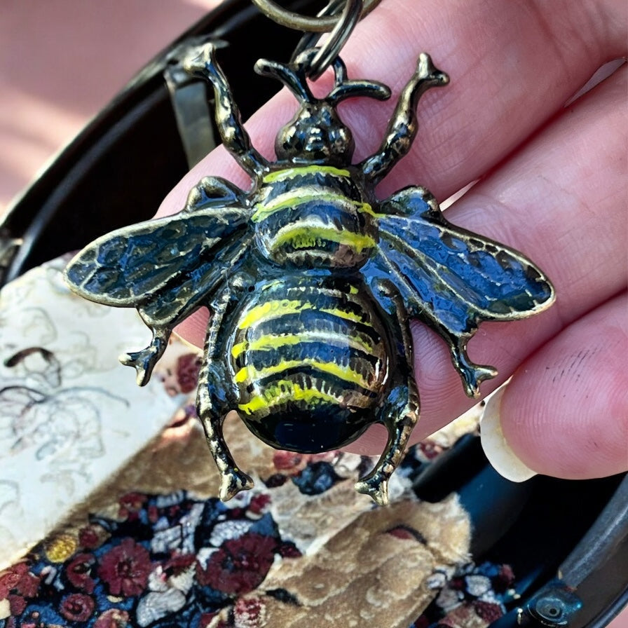 Hand-Painted Bee Purse Charm – Brass Insect Keychain for Women