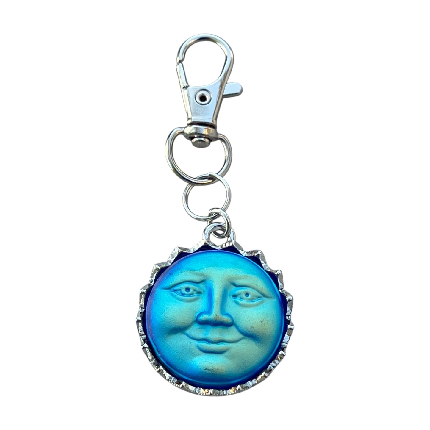 Blue Sun Face Purse Charm – Retro Celestial Keychain for Her