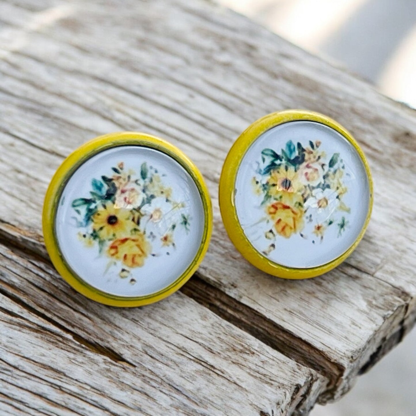 Yellow & White Floral Stud Earrings – Handmade Cottagecore Jewelry