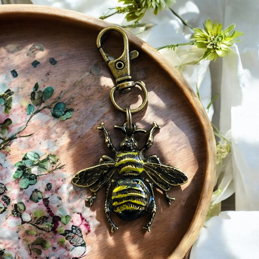Hand-Painted Bee Purse Charm – Brass Insect Keychain for Women
