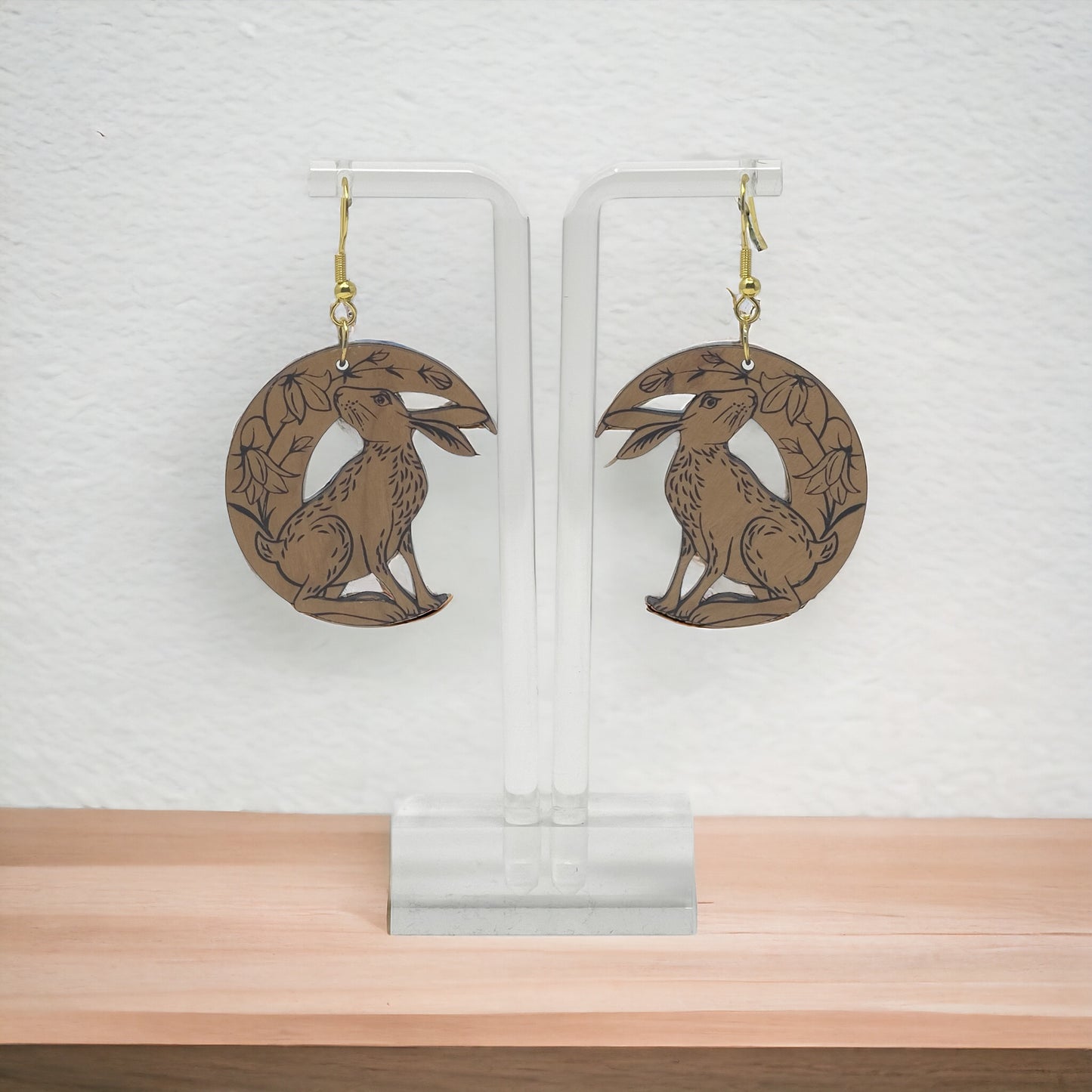Wood Dangle Bunny & Lily Flower Easter Earrings - Boho Crescent Moon Rabbit Jewelry