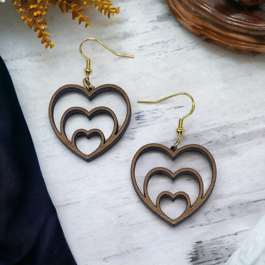 Nested Triple Heart Wood Earrings, Rustic Valentines Dangle Earrings, Cute Holiday Earrings, Wooden Cutout Earrings, Country Western Boho Jewelry