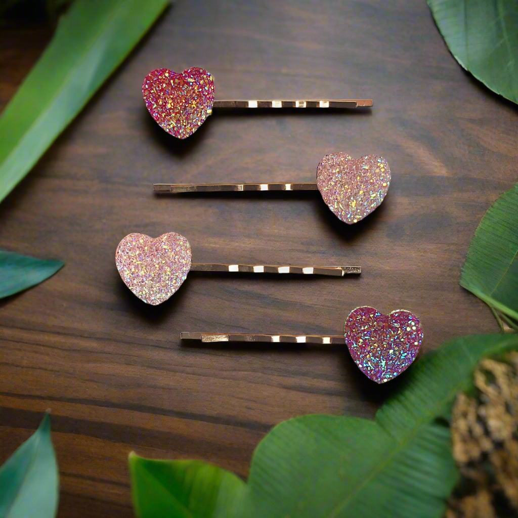 Pink Glitter Druzy Heart Hair Pins Romantic Accessories