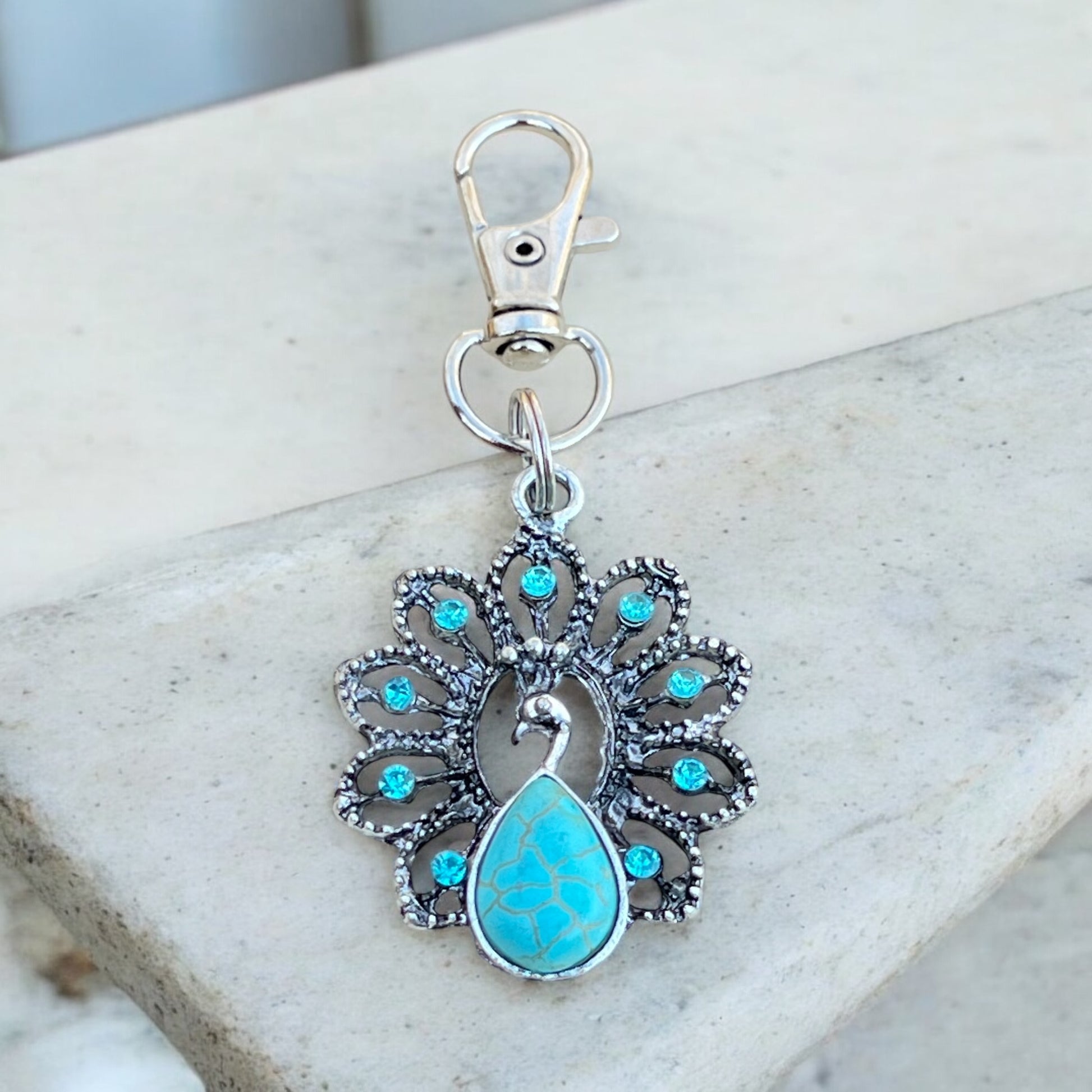 Turquoise Peacock Keychain – Handmade Boho Bag Charm