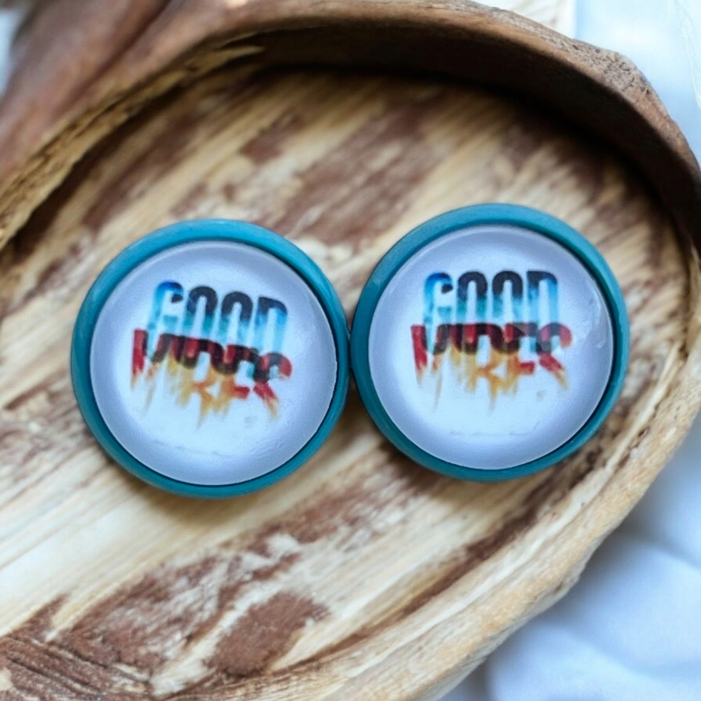 Good Vibes Stud Earrings – Retro Blue Framed Motivational Jewelry