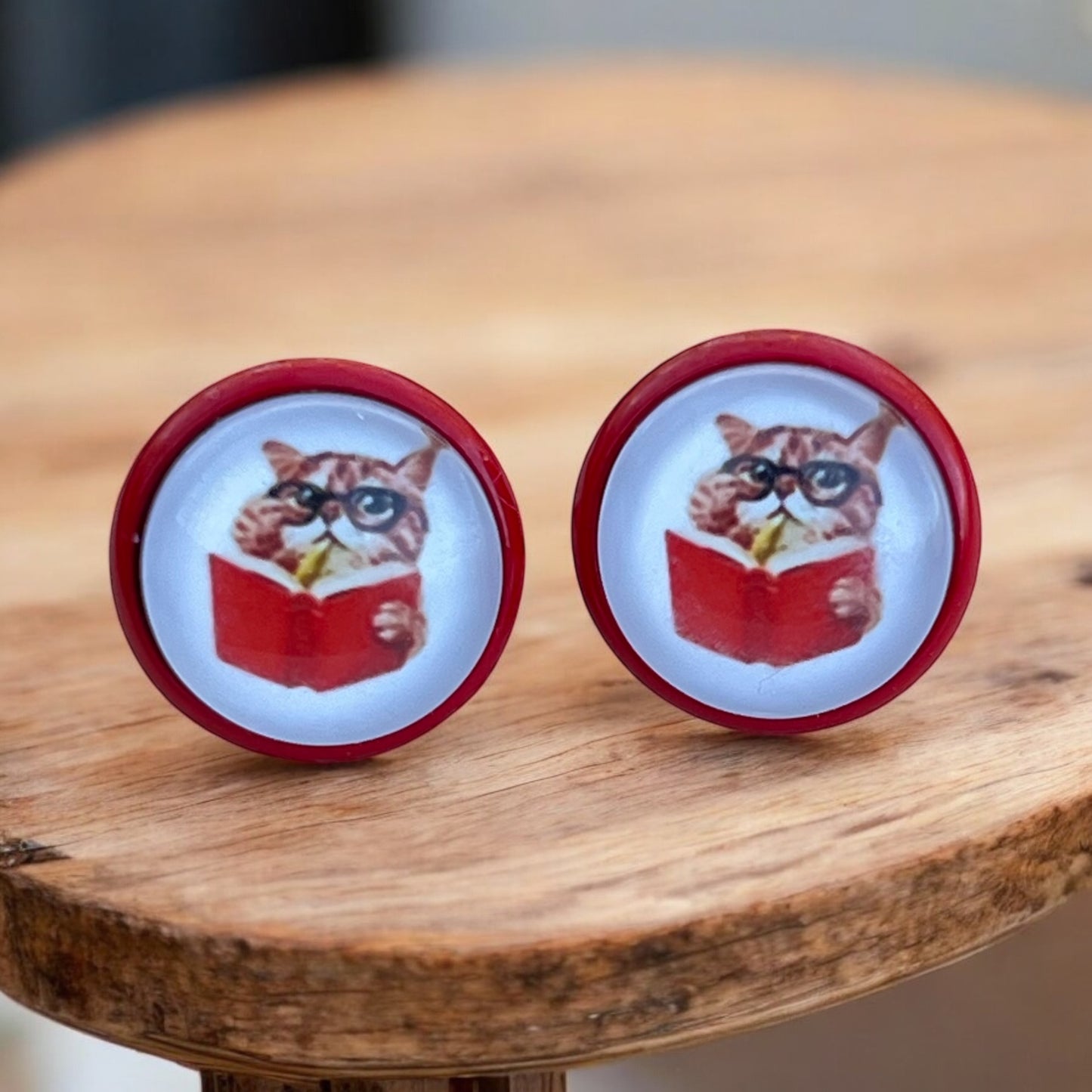 Bookish Cat Stud Earrings – Handmade Gift for Readers