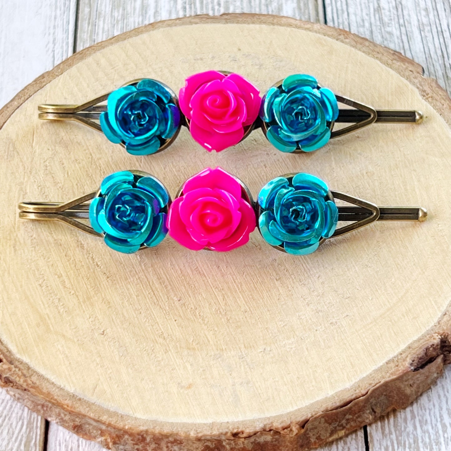 Teal & Hot Pink Rose Hair Pins – Bold Metallic Flower Hair Clip Set