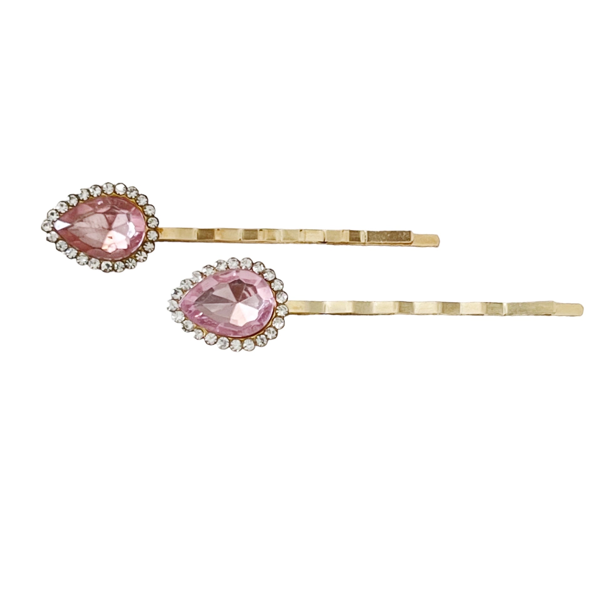 Pink Teardrop Gem Hair Pins – Gold Bobby Pins with Rhinestone Accents