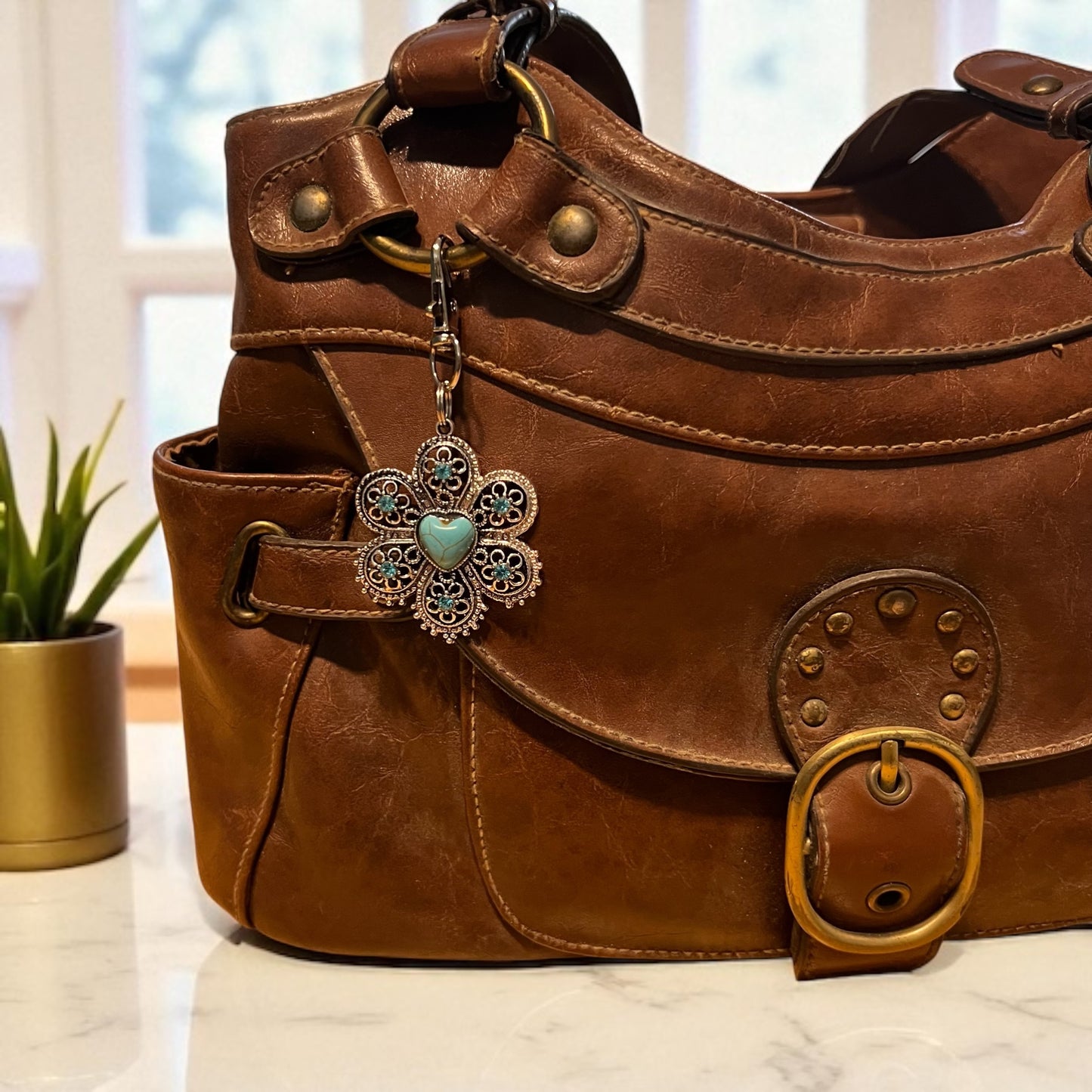 Turquoise Flower Keychain – Handmade Boho Bag Charm