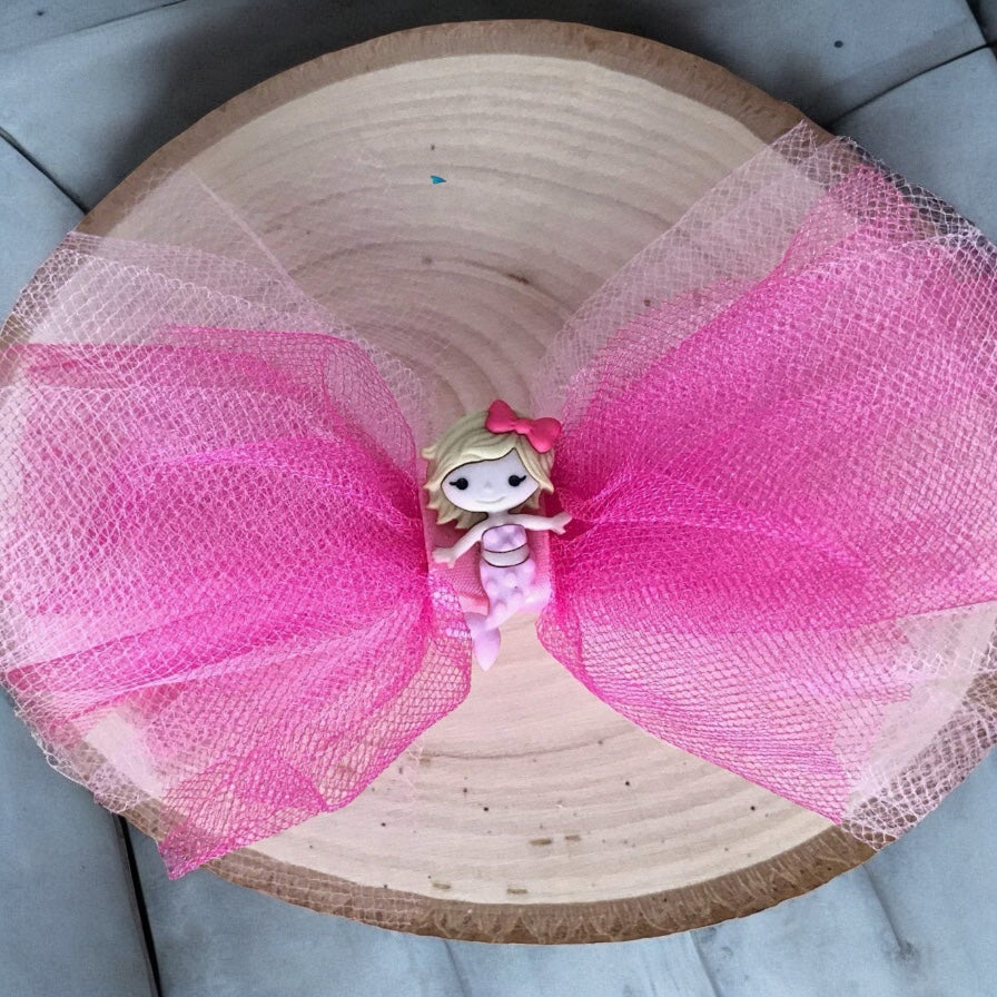 Pink Tulle Hair Bow with Mermaid - Whimsical Hair Accessory