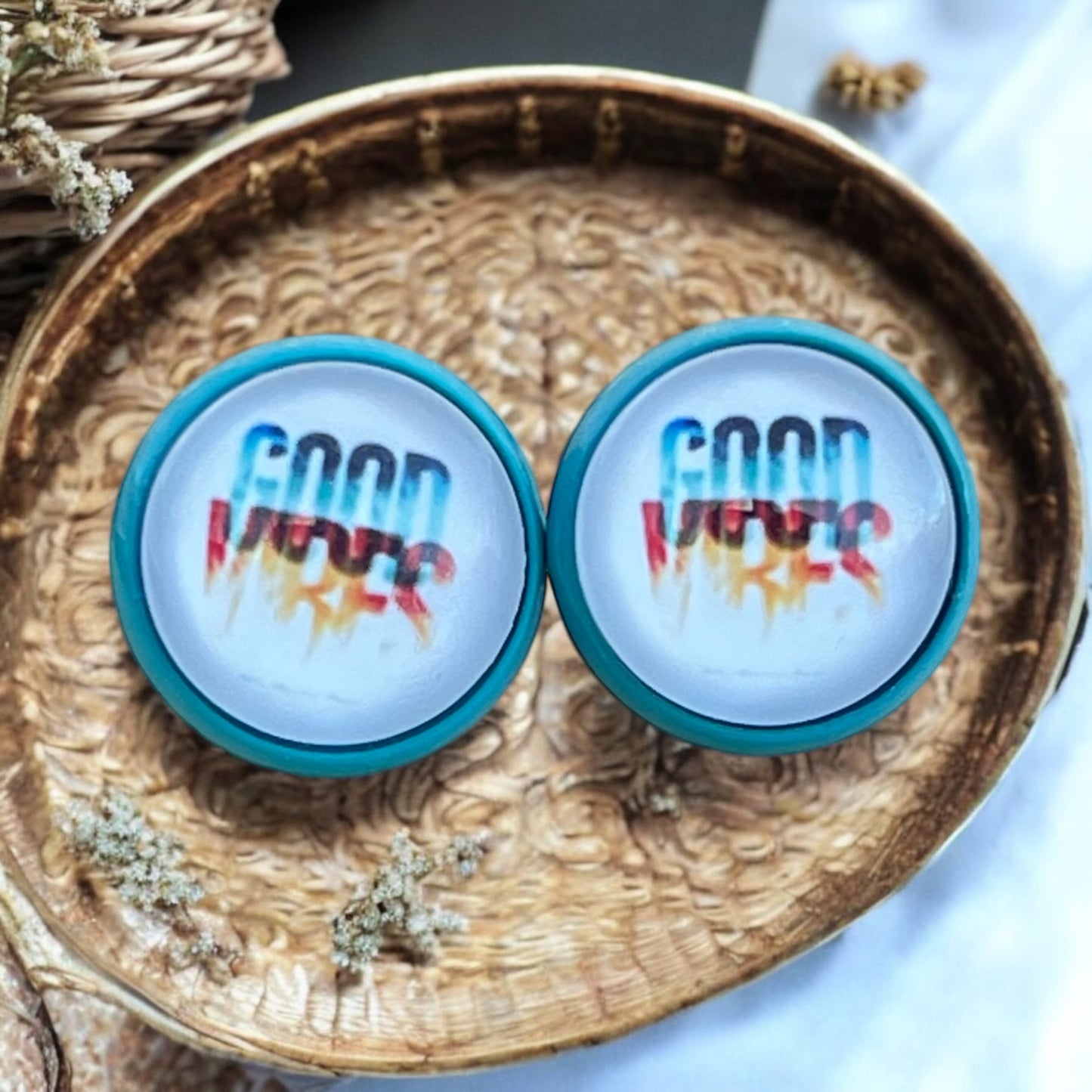 Good Vibes Stud Earrings – Retro Blue Framed Motivational Jewelry
