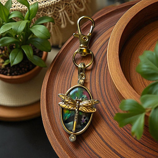 Abalone Dragonfly Purse Charm – Gold Insect Keychain with Etched Boho Details