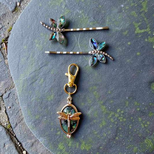 Dragonfly Gift Set – Abalone Hair Pins & Purse Charm
