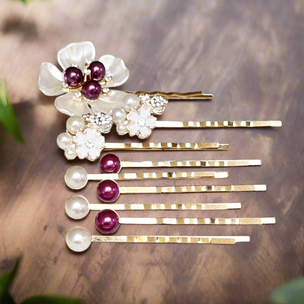 Purple & White Pearl Rhinestone Hair Pins - Elegant Accessories