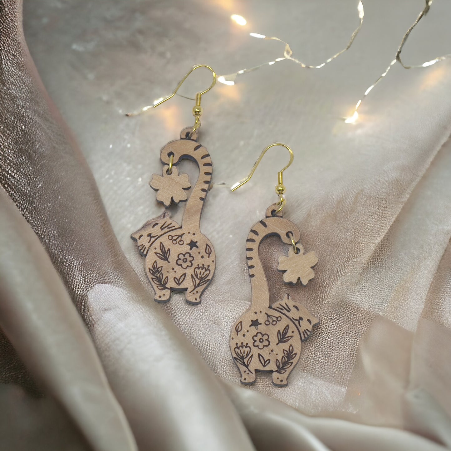 Botanical Cat Drop Earrings – Floral Etched Wooden Feline Jewelry