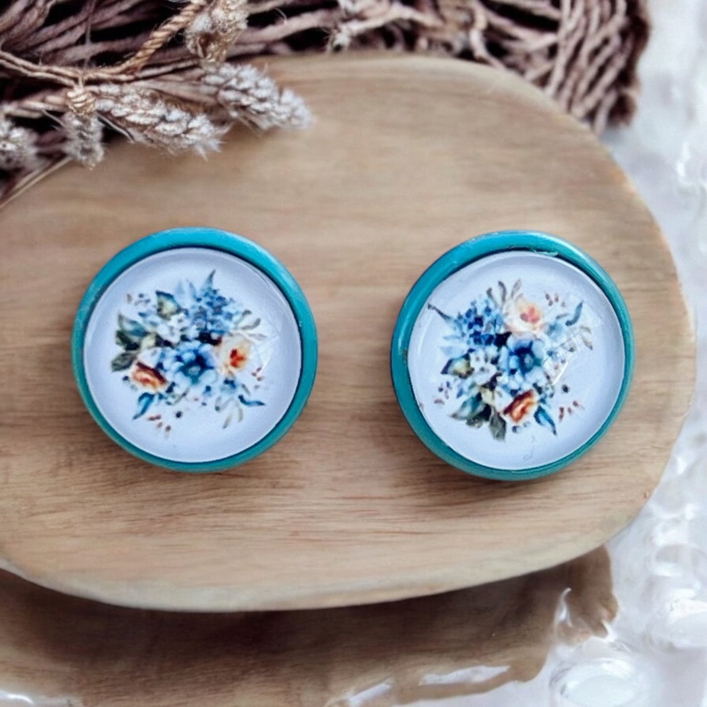 Blue Floral Stud Earrings – Handmade Vintage Cottagecore Jewelry