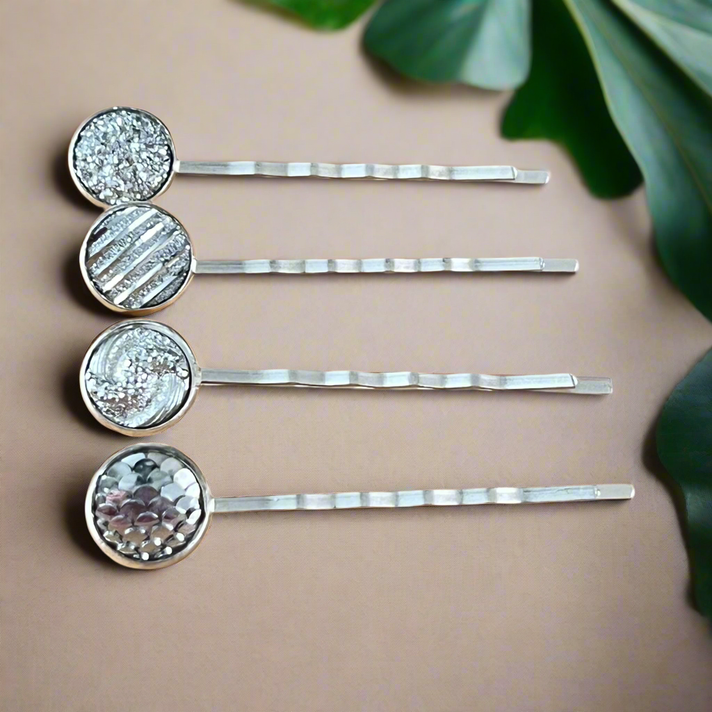 Silver Hair Pins: Set of 4 Stylish Accessories with Unique Patterns