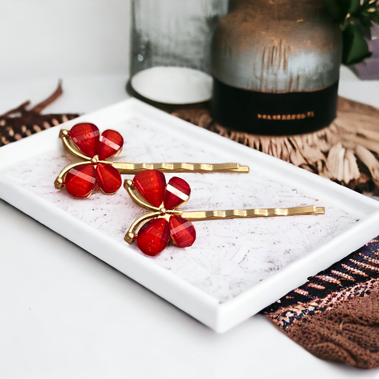 Red Resin Butterfly Hair Pins – Set of 2 Boho Spring Accessories