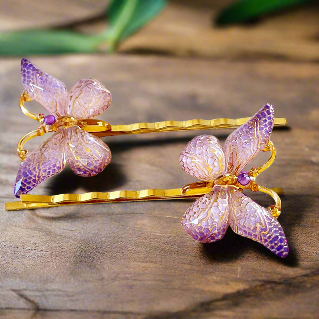 Purple & Gold Butterfly Hair Pins - Boho Whimsical Bobby Pin Set