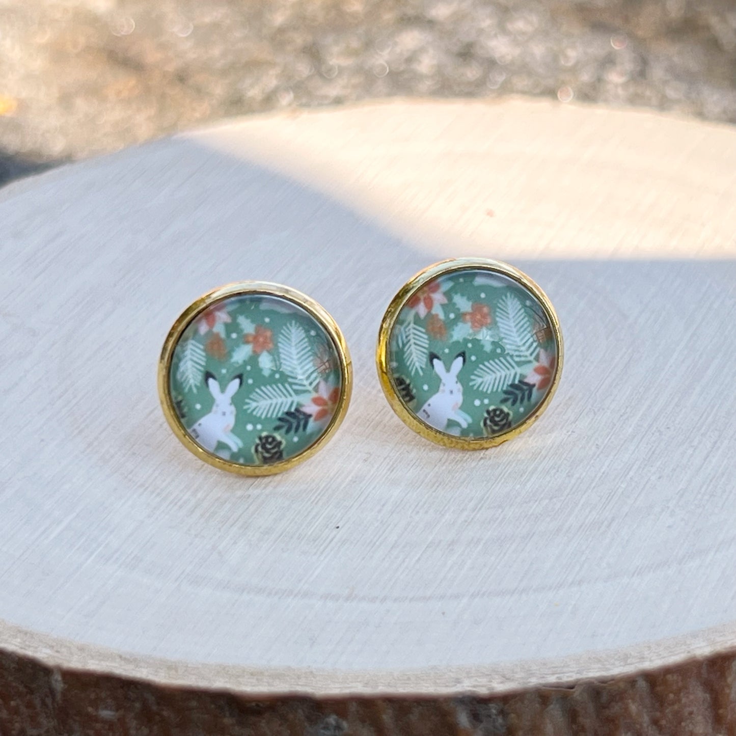 Bunny & Floral Stud Earrings – Handmade Spring Jewelry in Gold Setting
