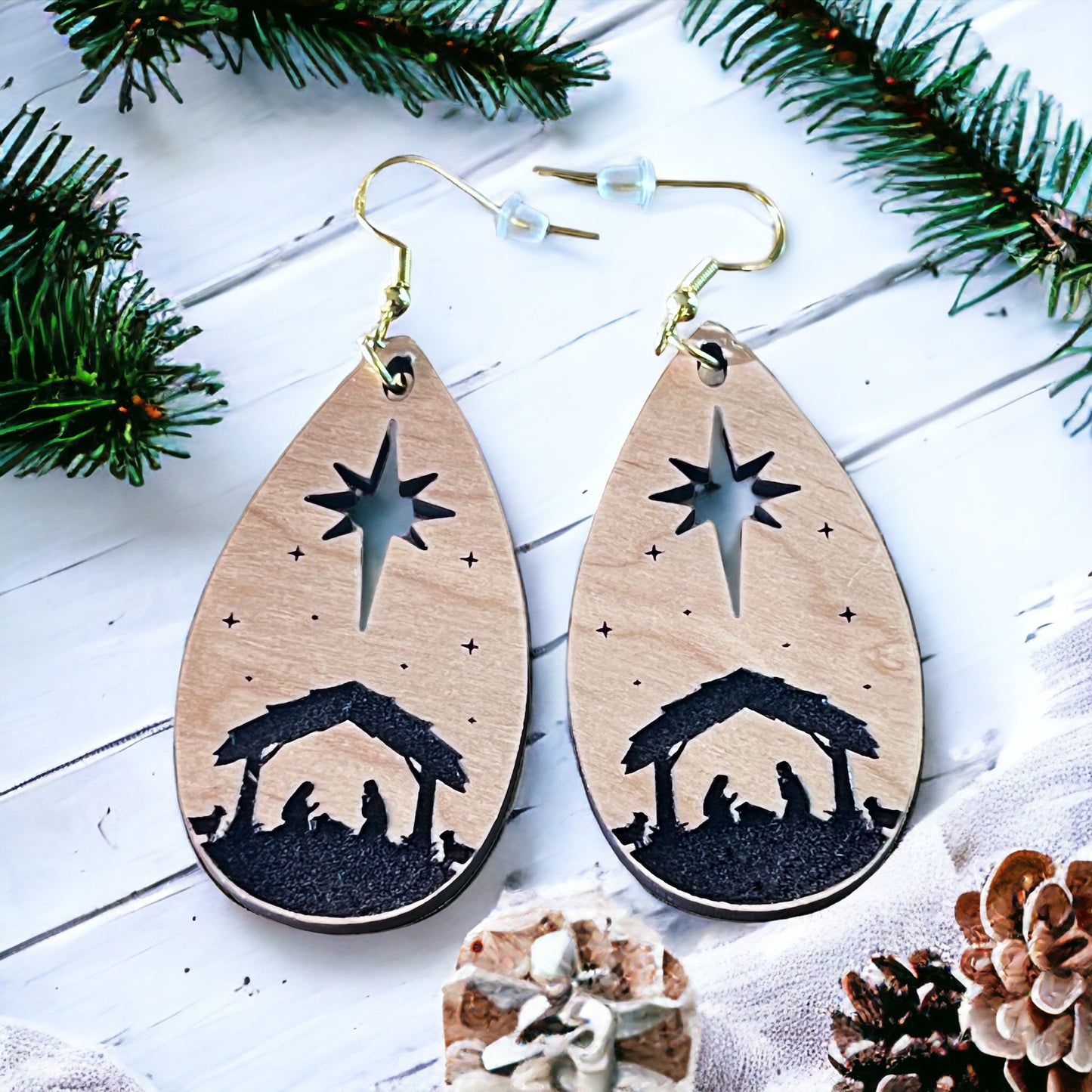 Nativity Earrings, Christmas Jesus Dangle Earrings, Cute Holiday Earrings, Wood Christian Earrings, Country Xmas Jewelry, Rustic Nature Gift
