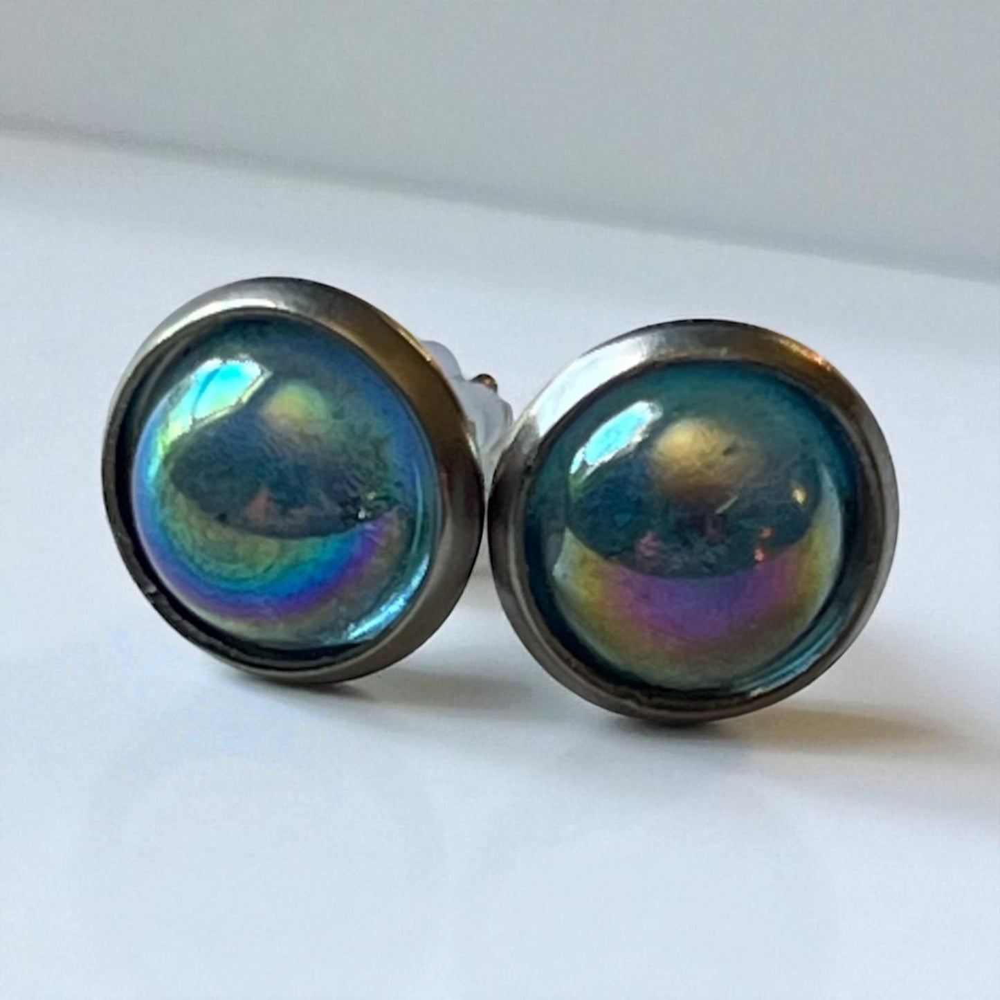 Iridescent Stud Earrings – Small Handmade Rainbow Dome Posts for Women