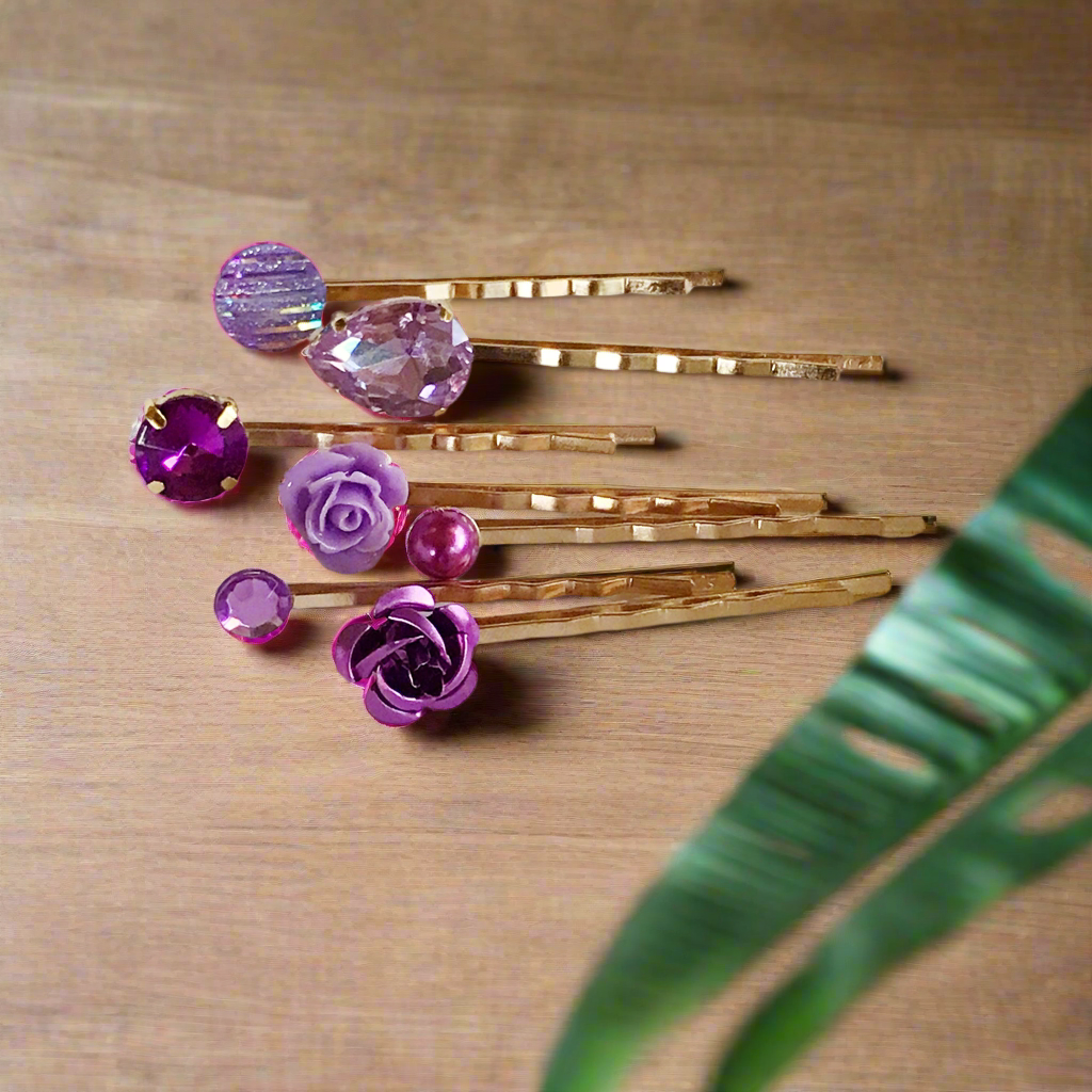 Purple & Gold Rhinestone Hair Pins - Floral Wedding Accessories