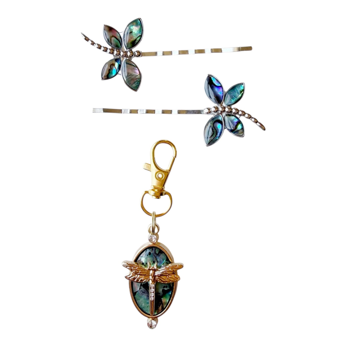 Dragonfly Gift Set – Abalone Hair Pins & Purse Charm