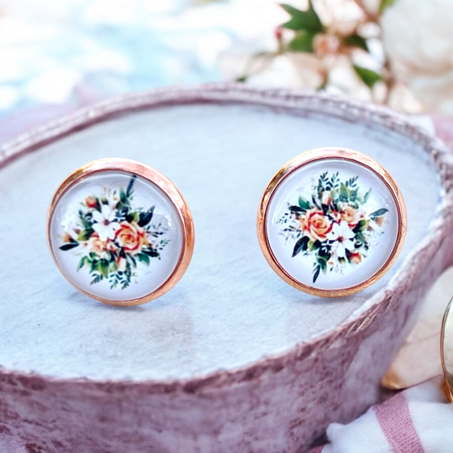 Rose Gold Floral Stud Earrings – Handmade Vintage Cottagecore Jewelry
