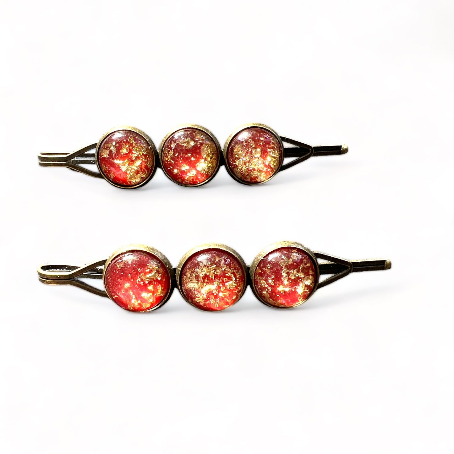 Fiery Red & Gold Foil Hair Pins – Set of 2 Celestial Statement Accessories