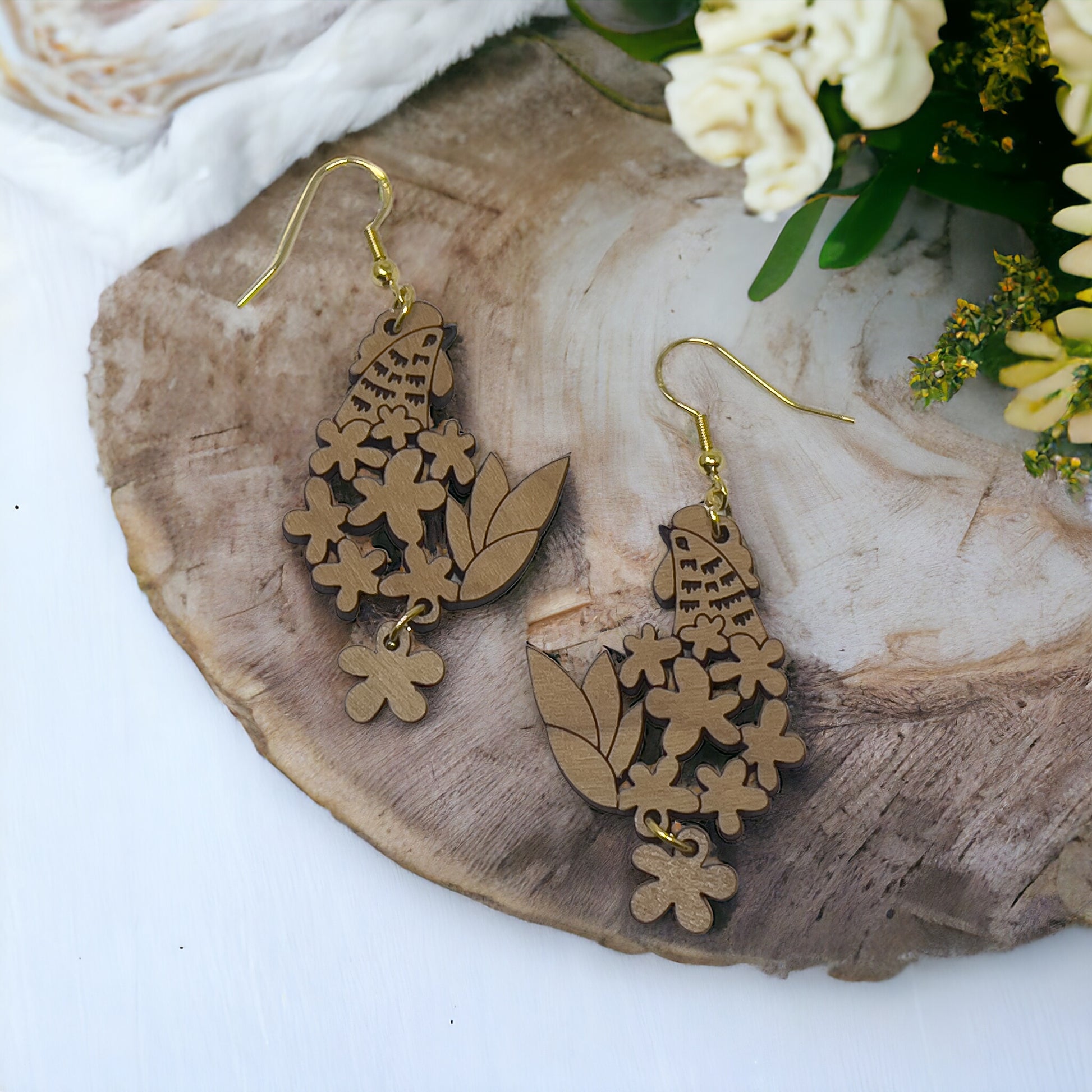 Chic Chick & Floral Wood Earrings: Handmade Rustic Jewelry for Nature Lovers