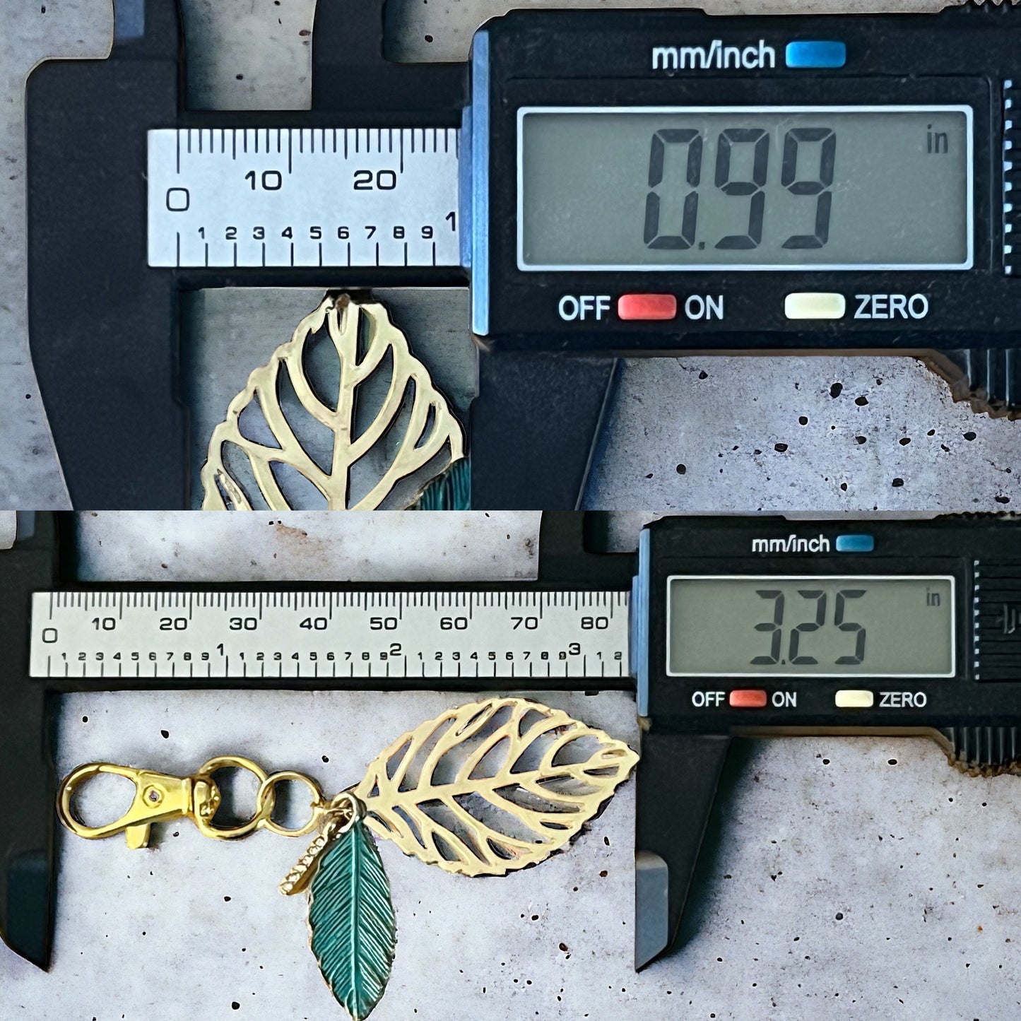 Green Feather & Leaf Purse Charm – Boho Chic Gold Keychain with Rhinestones