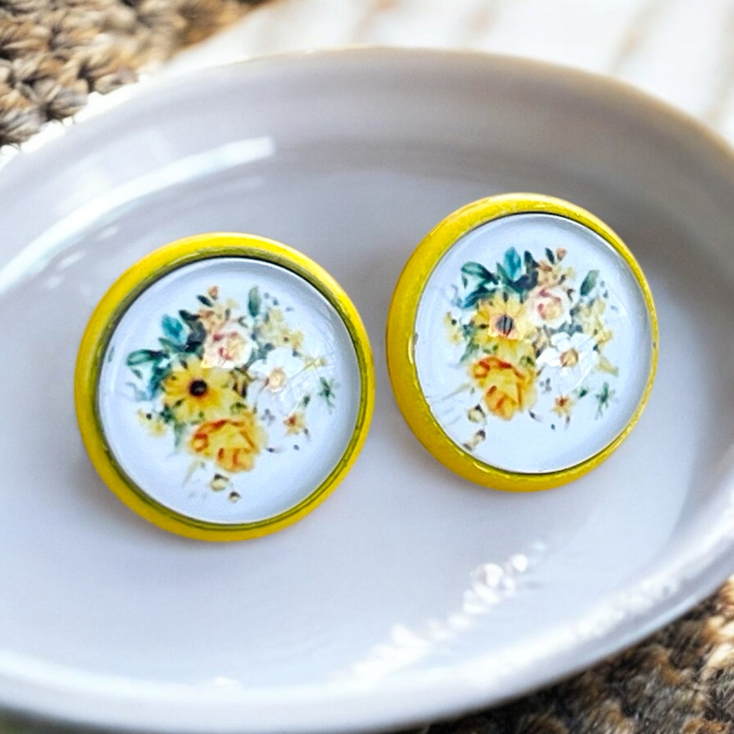 Yellow & White Floral Stud Earrings – Handmade Cottagecore Jewelry
