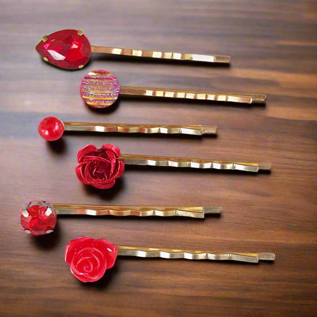 Red & Gold Rhinestone Bridal Hair Pin Set
