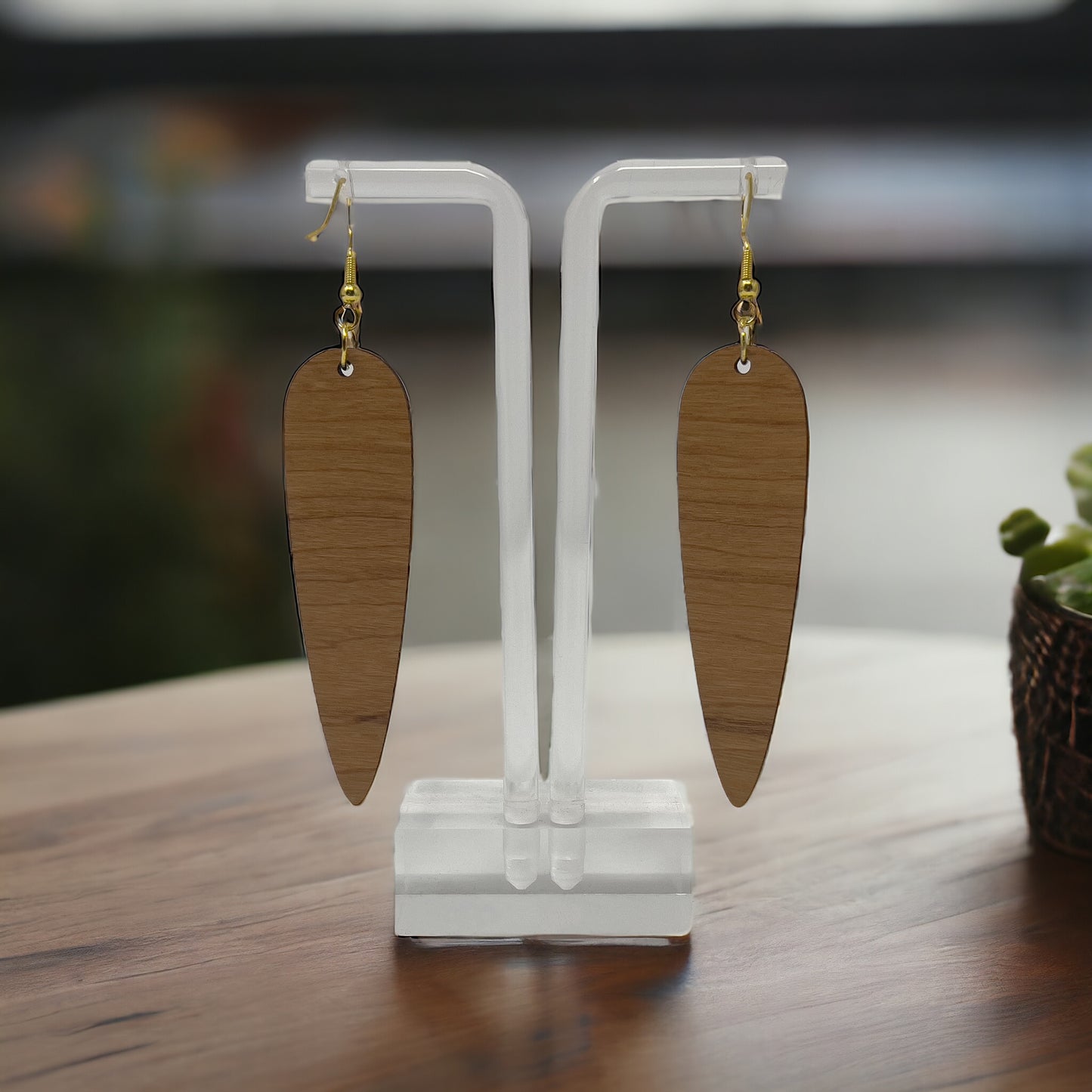 Bookshelf & Plant Wood Earrings – Boho Literary Jewelry