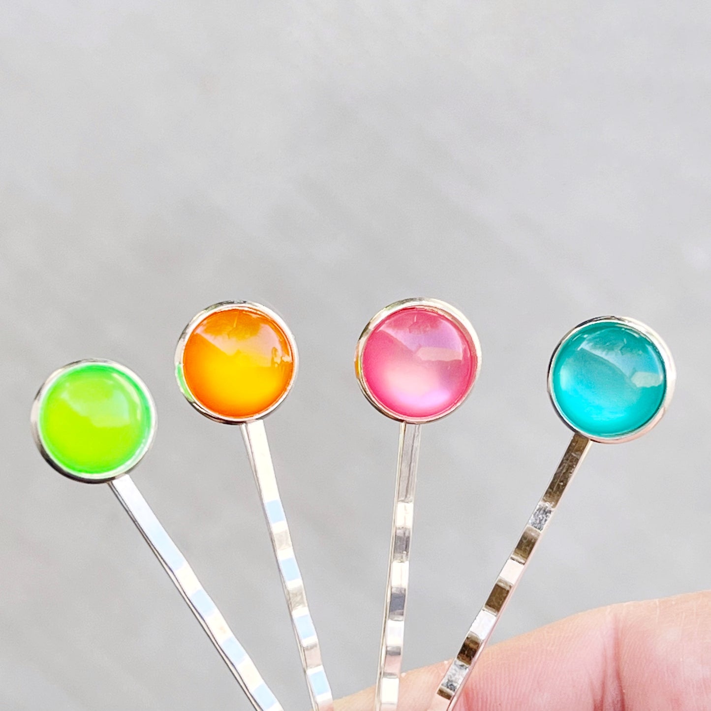Hot Pink, Neon Green, Aqua Blue, & Orange Round Hair Pins - Vibrant Set of 4 Accessories