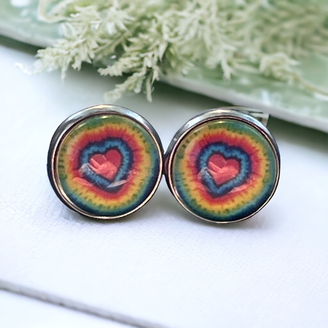 Rainbow Heart Stud Earrings – Colorful Tie-Dye Silver Jewelry