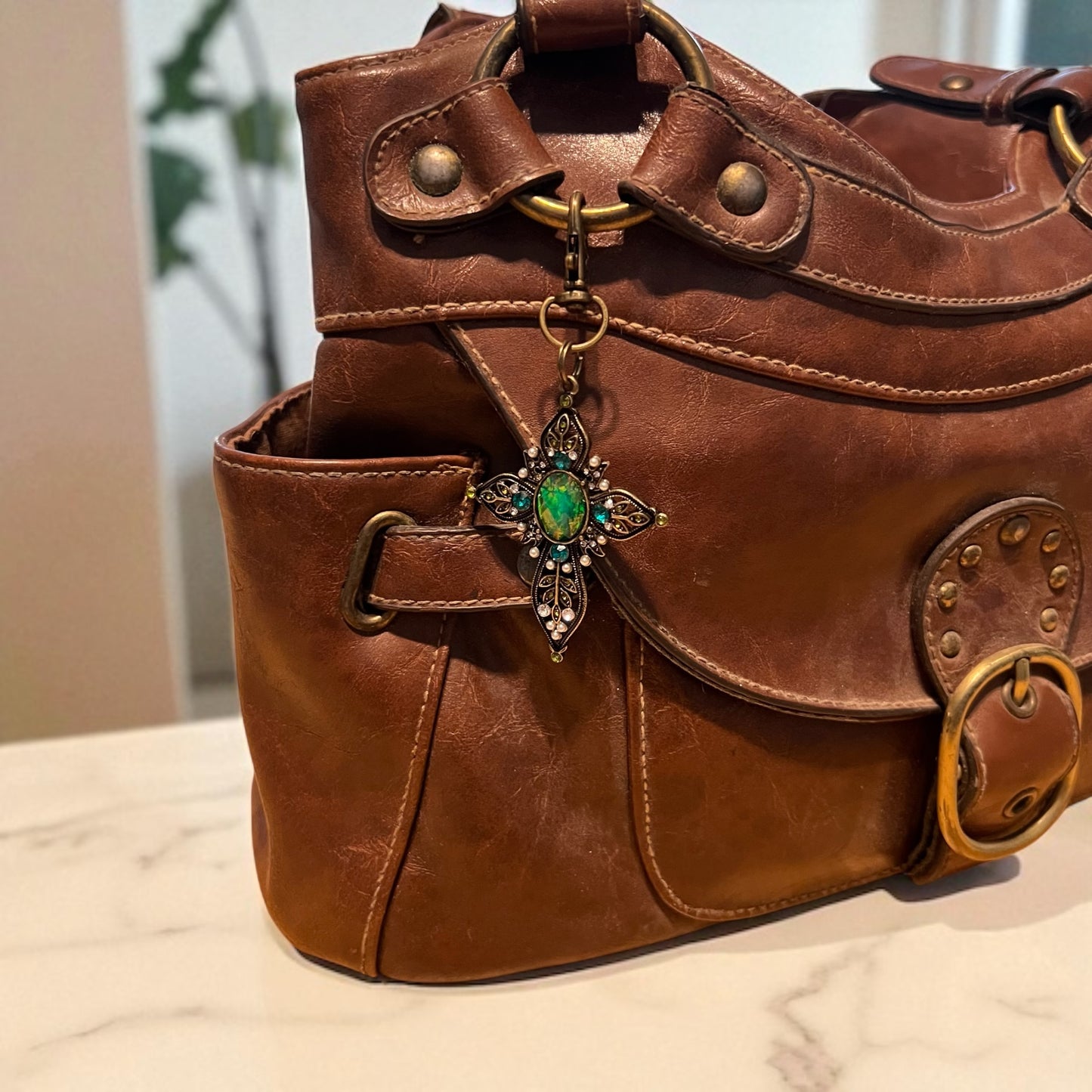 Ornate Cross Purse Charm – Vintage Bronze Keychain with Rhinestones
