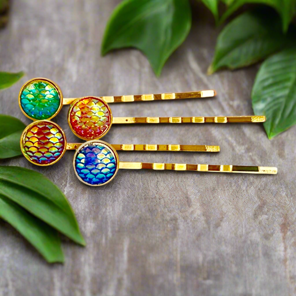 Gold Mermaid Hair Pins: Set of 4 in Purple, Green, Red, & Blue