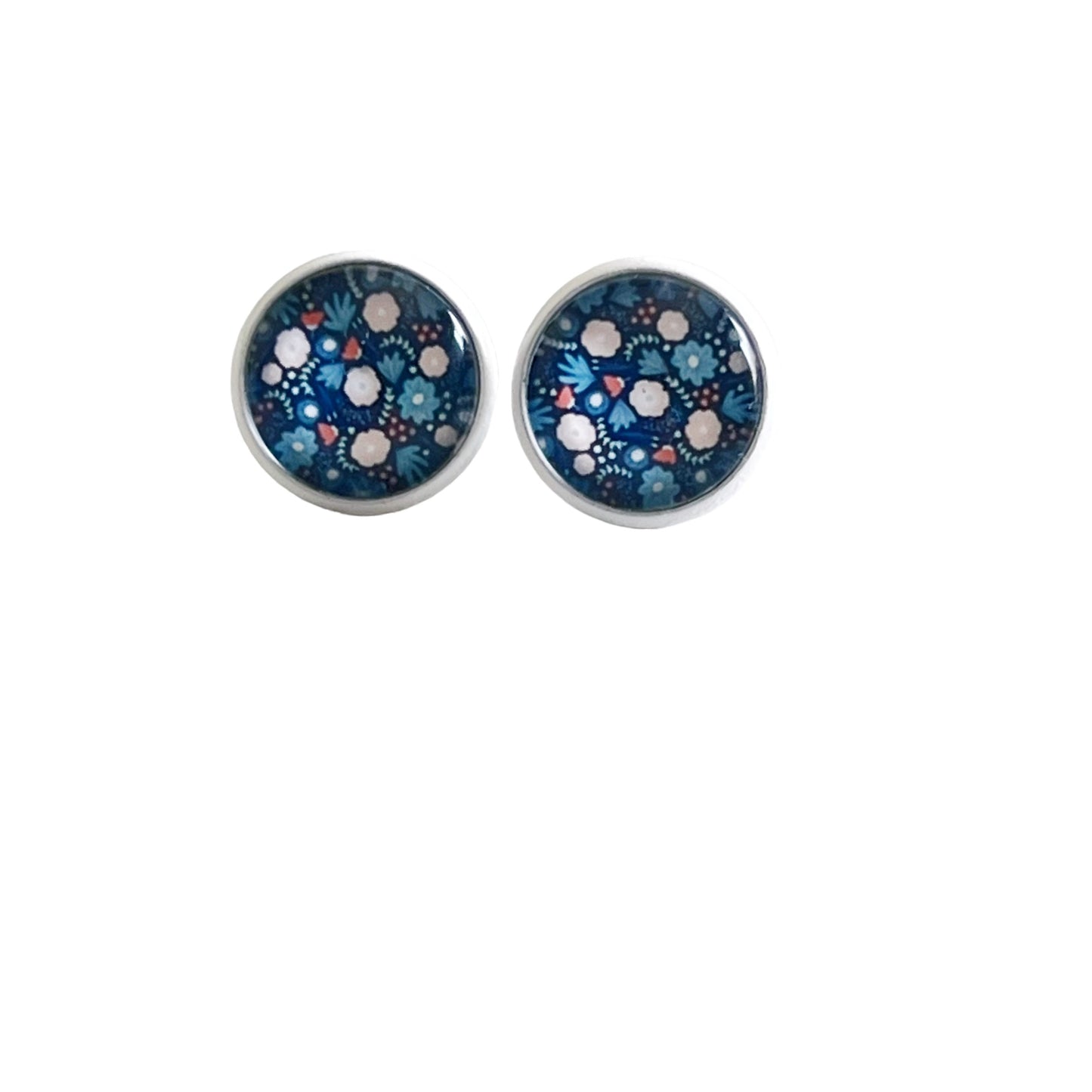 Navy Floral Stud Earrings – Round Silver Botanical Jewelry