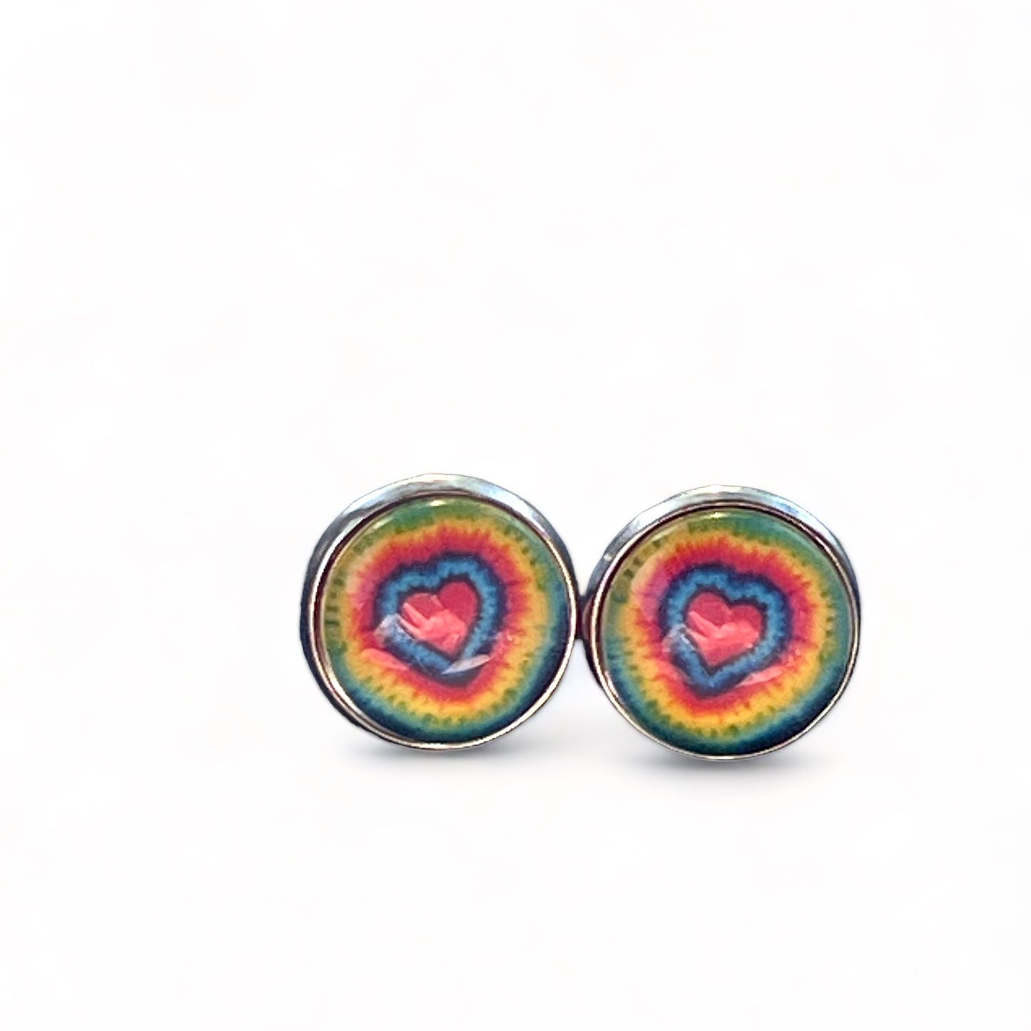 Rainbow Heart Stud Earrings – Colorful Tie-Dye Silver Jewelry