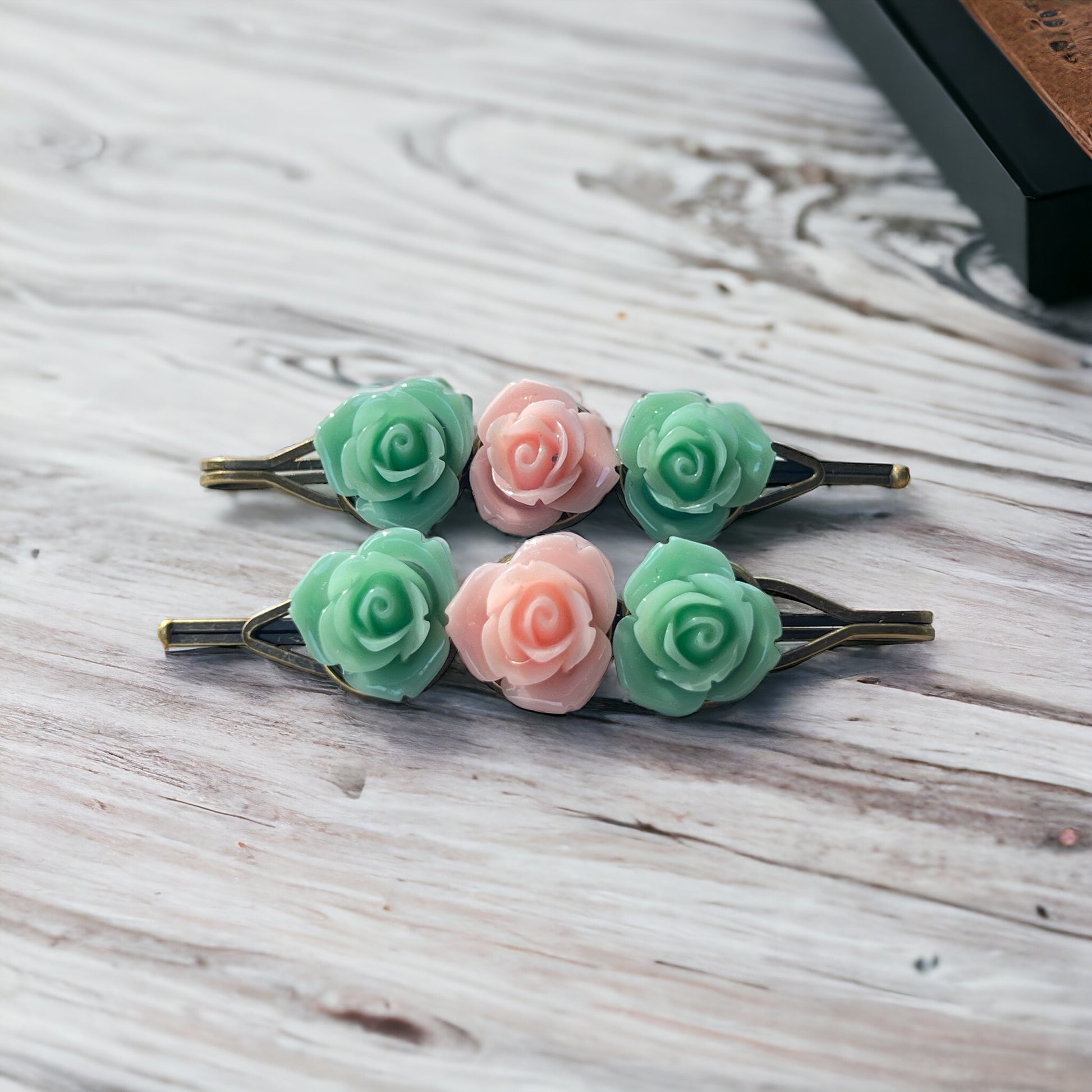 Mint & Pink Rose Floral Hair Pins: Elegant Springtime Accessories