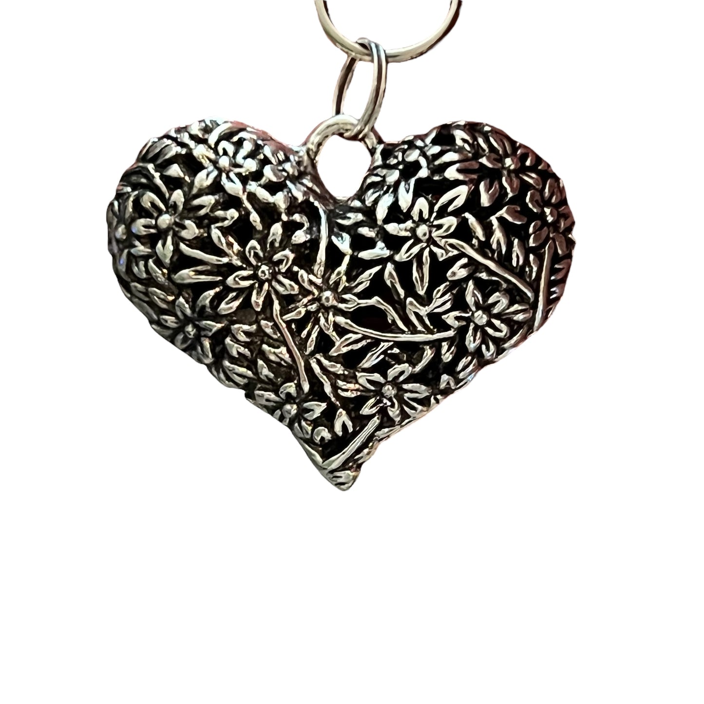 Encanto del bolso del llavero del tirón de la cremallera del corazón de plata con las flores grabadas