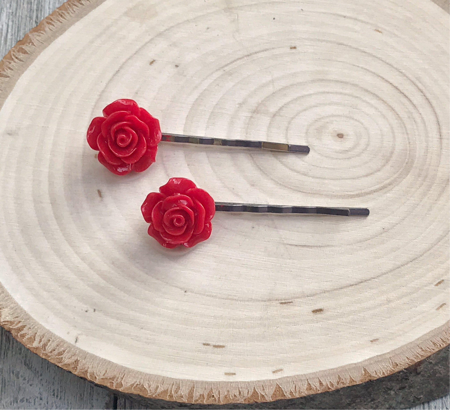Red Flower Hair Pins - Elegant Boho Floral Bobby Pin Set of 2