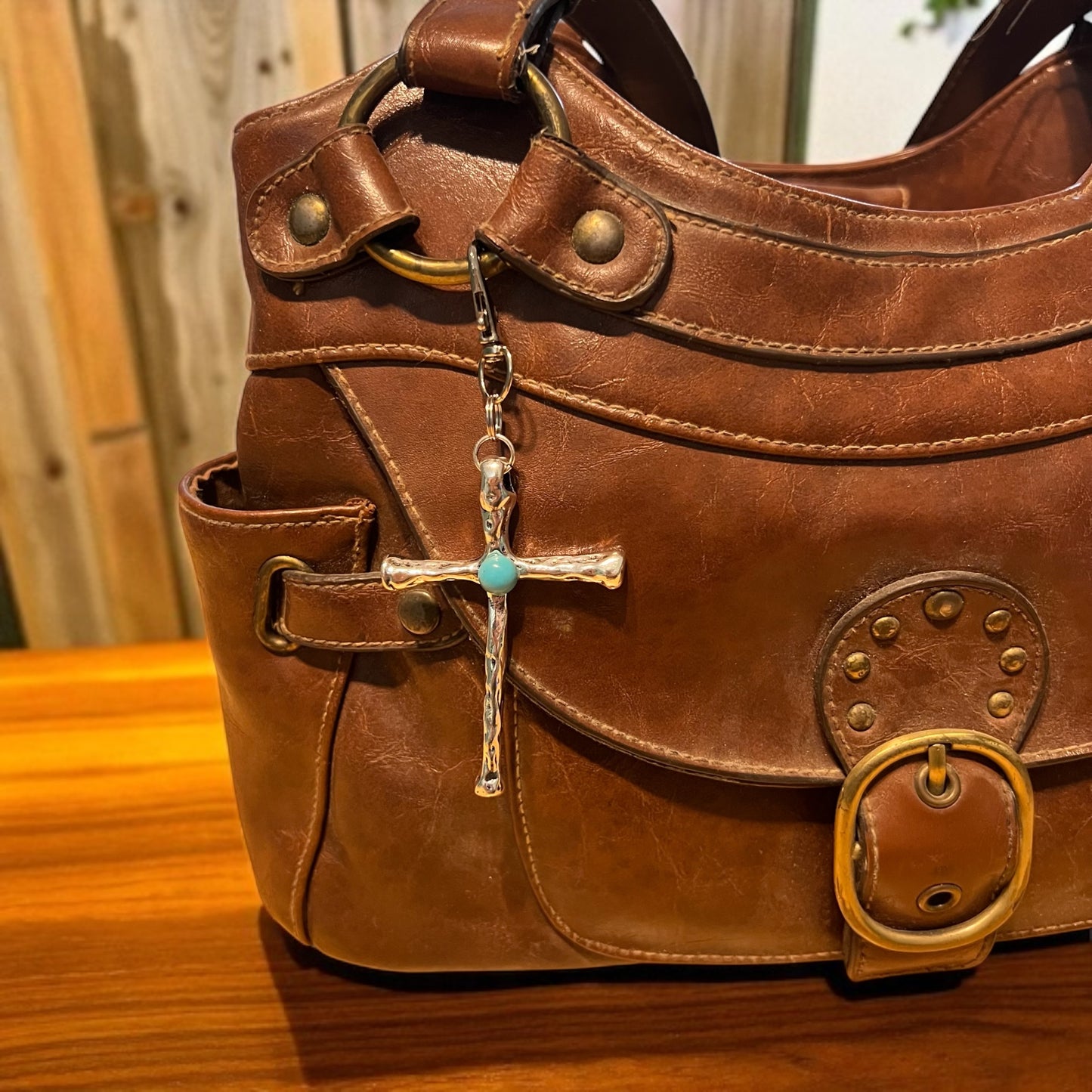 Turquoise Cross Purse Charm – Rustic Western Faith Accessory