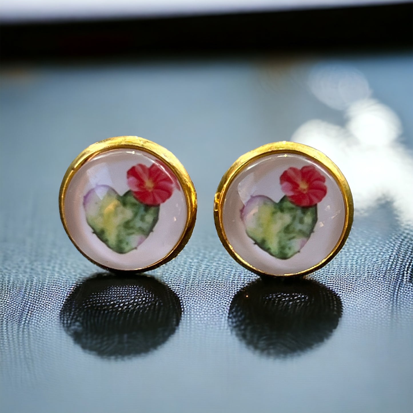 Flowering Cactus Heart Valentine Succulent Gold Stud Earrings