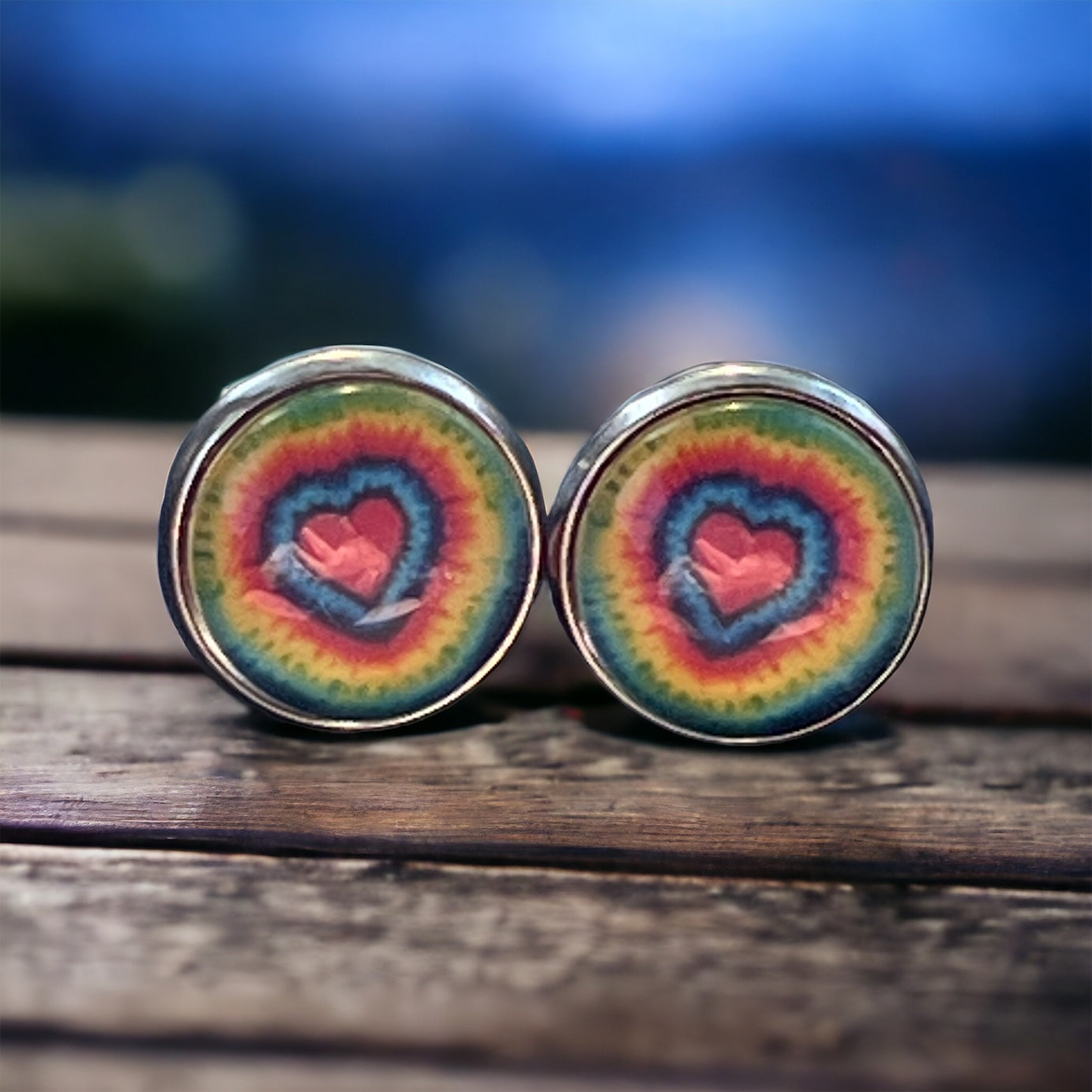Rainbow Heart Stud Earrings – Colorful Tie-Dye Silver Jewelry
