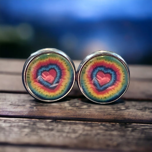 Tie-Dye Heart Silver Stud Earrings: Boho Hippie Chic for Vibrant Style