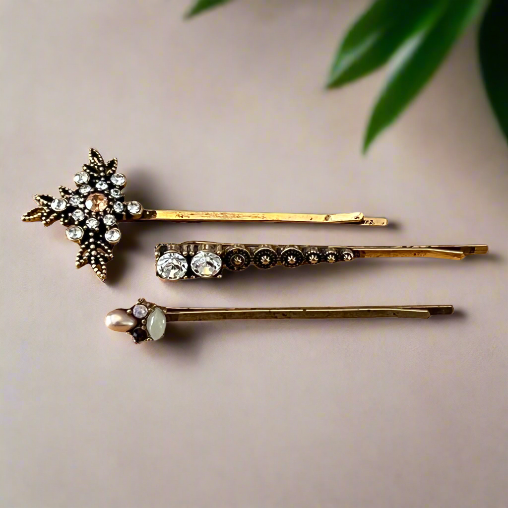 Gold Rhinestone & Pearl Hair Pins – Set of 3 Elegant Accessories